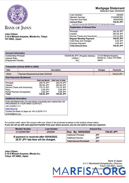 Blank Japan Bank of Japan mortgage statement Word and PDF template